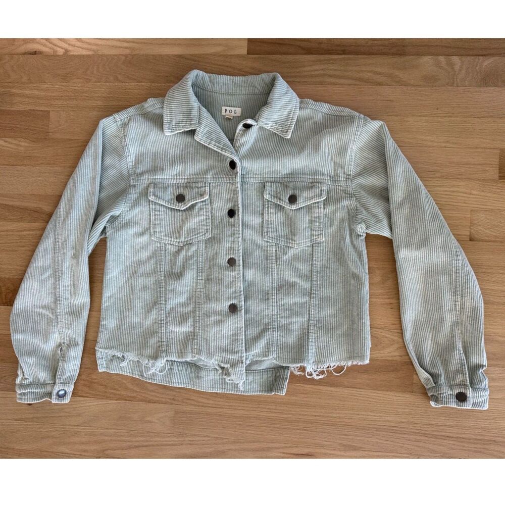 POL Button Down Corduroy Trucker Jacket size S Blue Green Cropped Denim
